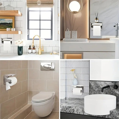 (True color)  1pc Toilet Paper Holder with Shelf, Bathroom Tissue Storage Rack, Wall-Mounted Paper Towel Dispenser, Stainless Steel Bathroom Paper Holder, Bathroom Accessory - Image 3