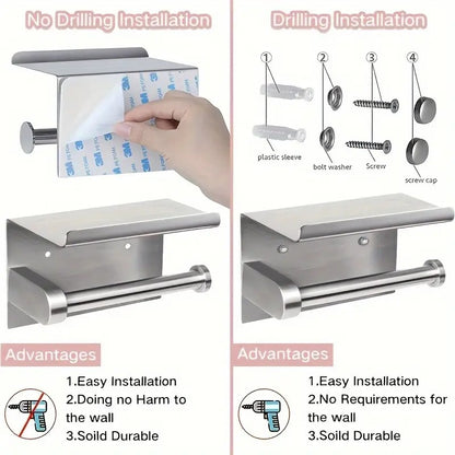 (True color)  1pc Toilet Paper Holder with Shelf, Bathroom Tissue Storage Rack, Wall-Mounted Paper Towel Dispenser, Stainless Steel Bathroom Paper Holder, Bathroom Accessory - Image 4