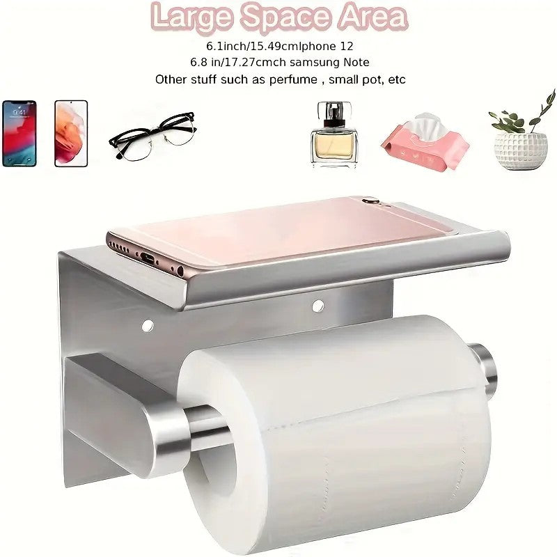 (True color)  1pc Toilet Paper Holder with Shelf, Bathroom Tissue Storage Rack, Wall-Mounted Paper Towel Dispenser, Stainless Steel Bathroom Paper Holder, Bathroom Accessory - Image 5