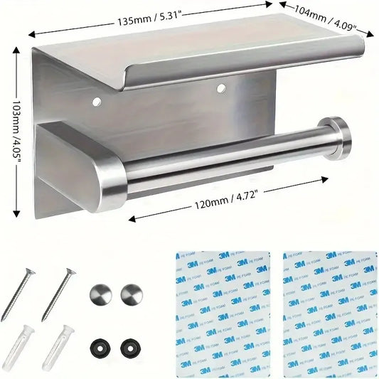 (True color)  1pc Toilet Paper Holder with Shelf, Bathroom Tissue Storage Rack, Wall-Mounted Paper Towel Dispenser, Stainless Steel Bathroom Paper Holder, Bathroom Accessory - Image 6