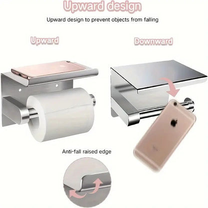 (True color)  1pc Toilet Paper Holder with Shelf, Bathroom Tissue Storage Rack, Wall-Mounted Paper Towel Dispenser, Stainless Steel Bathroom Paper Holder, Bathroom Accessory - Image 7