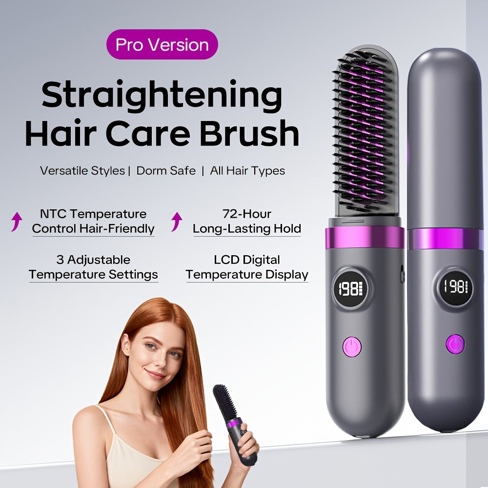 New Portable Hair Straightening Comb, USB rechargeable, 4000mAh battery, includes charging dock. Intelligent digital temperature control, dual use for straightening and curling, long-lasting hold without damaging hair, BLACK - Image 3