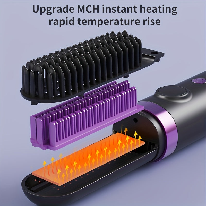 New Portable Hair Straightening Comb, USB rechargeable, 4000mAh battery, includes charging dock. Intelligent digital temperature control, dual use for straightening and curling, long-lasting hold without damaging hair, BLACK - Image 4
