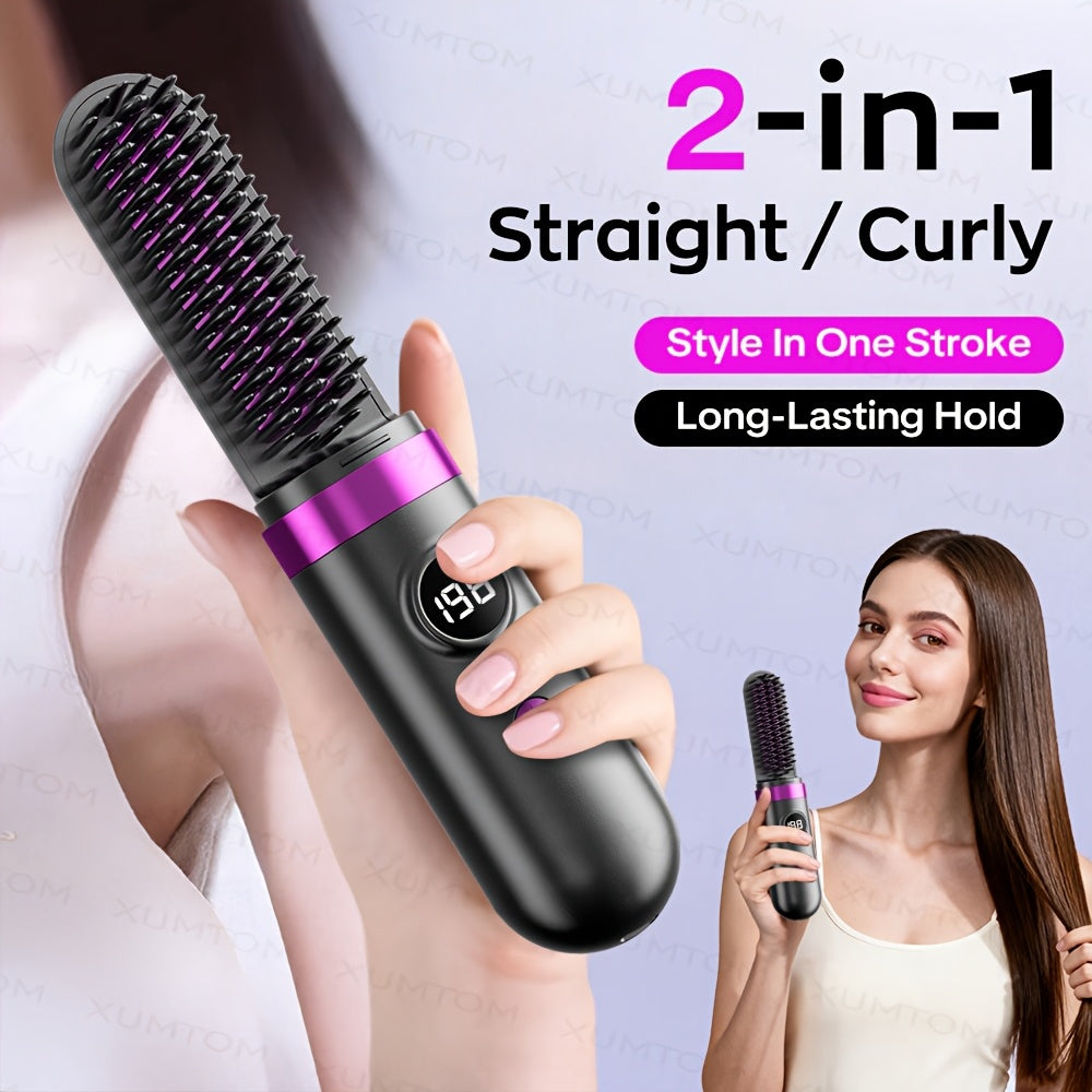 New Portable Hair Straightening Comb, USB rechargeable, 4000mAh battery, includes charging dock. Intelligent digital temperature control, dual use for straightening and curling, long-lasting hold without damaging hair(GREY) - Image 2