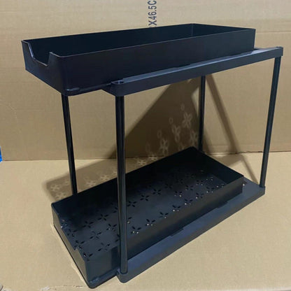 Two-tier pull-out storage rack. An organizational lifesaver for under the kitchen sink. Features adjustable shelves for easy storage of bottles and jars. In a sleek, modern design. Perfect as a kitchen shelf, bathroom organizer, or household storage solut - Image 5
