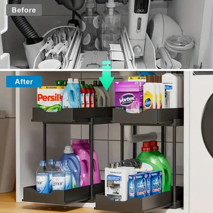Two-tier pull-out storage rack. An organizational lifesaver for under the kitchen sink. Features adjustable shelves for easy storage of bottles and jars. In a sleek, modern design. Perfect as a kitchen shelf, bathroom organizer, or household storage solut - Image 9
