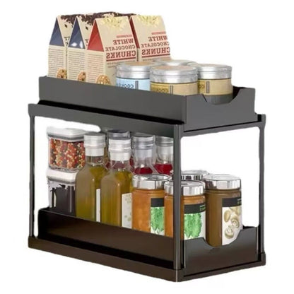 Two-tier pull-out storage rack. An organizational lifesaver for under the kitchen sink. Features adjustable shelves for easy storage of bottles and jars. In a sleek, modern design. Perfect as a kitchen shelf, bathroom organizer, or household storage solut - Image 7