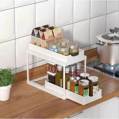 Two-tier pull-out storage rack. An organizational lifesaver for under the kitchen sink. Features adjustable shelves for easy storage of bottles and jars. In a sleek, modern design. Perfect as a kitchen shelf, bathroom organizer, or household storage solut - Image 9