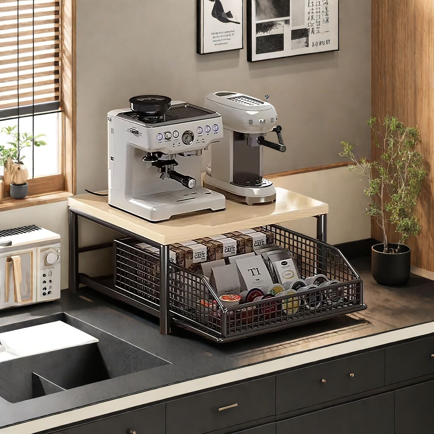 Modern Kitchen Microwave Shelf with Drawer: Sturdy and solid structure, designed to save counter space for storing appliances, utensils, dishes, and household items. Minimalist design suitable for 1000+ scenarios, BLACK - Image 7