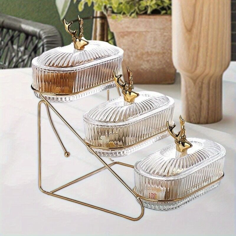 Fashion Three-Tier Covered Snack and Fruit Tray - Sturdy Metal Frame, Nordic Design, Suitable for Kitchen, Living Room, and Parties | Perfect for Holding Dried Fruits, Candies, Nuts | Easy to Clean, Versatile Appetizer Plate, Ideal for Serving and Hosting - Image 2