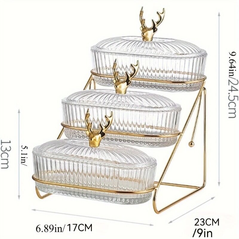 Fashion Three-Tier Covered Snack and Fruit Tray - Sturdy Metal Frame, Nordic Design, Suitable for Kitchen, Living Room, and Parties | Perfect for Holding Dried Fruits, Candies, Nuts | Easy to Clean, Versatile Appetizer Plate, Ideal for Serving and Hosting - Image 3