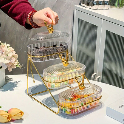 Fashion Three-Tier Covered Snack and Fruit Tray - Sturdy Metal Frame, Nordic Design, Suitable for Kitchen, Living Room, and Parties | Perfect for Holding Dried Fruits, Candies, Nuts | Easy to Clean, Versatile Appetizer Plate, Ideal for Serving and Hosting - Image 5