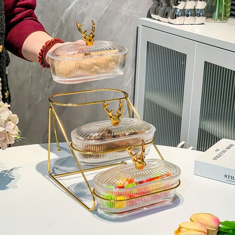 Fashion Three-Tier Covered Snack and Fruit Tray - Sturdy Metal Frame, Nordic Design, Suitable for Kitchen, Living Room, and Parties | Perfect for Holding Dried Fruits, Candies, Nuts | Easy to Clean, Versatile Appetizer Plate, Ideal for Serving and Hosting - Image 7