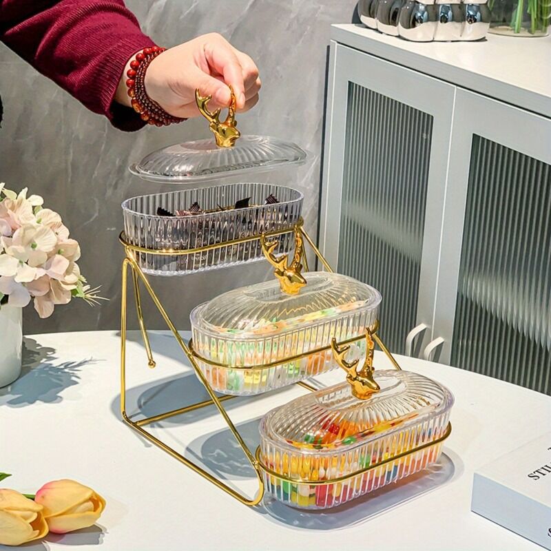 Fashion Three-Tier Covered Snack and Fruit Tray - Sturdy Metal Frame, Nordic Design, Suitable for Kitchen, Living Room, and Parties | Perfect for Holding Dried Fruits, Candies, Nuts | Easy to Clean, Versatile Appetizer Plate, Ideal for Serving and Hosting - Image 8