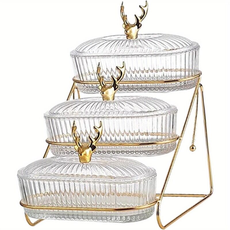 Fashion Three-Tier Covered Snack and Fruit Tray - Sturdy Metal Frame, Nordic Design, Suitable for Kitchen, Living Room, and Parties | Perfect for Holding Dried Fruits, Candies, Nuts | Easy to Clean, Versatile Appetizer Plate, Ideal for Serving and Hosting - Image 9
