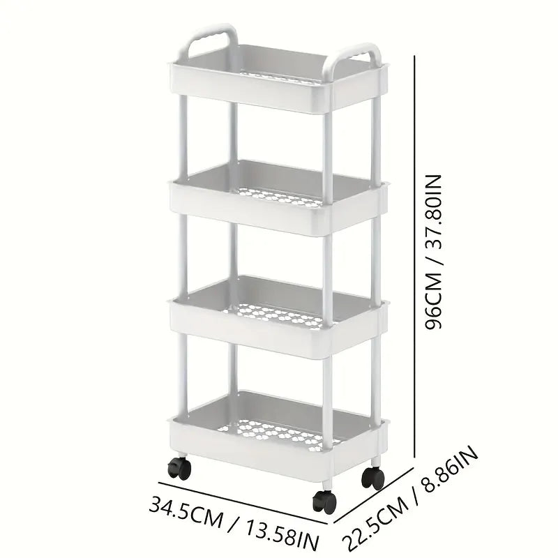 Four-Tier Rolling Cosmetics Storage Rack - Made of durable plastic, equipped with 360-degree swivel casters, strong load-bearing capacity - Suitable for bathroom, bedroom, kitchen, and home storage | White - Image 3