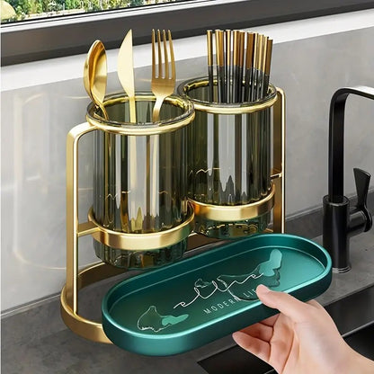 Solid white gold Luxury Wall-Mounted Cutlery Holder, Household Knife Fork Spoon Organizer, New Kitchen Utensil Drainer and Chopstick Container, Tableware Storage Rack - Image 6