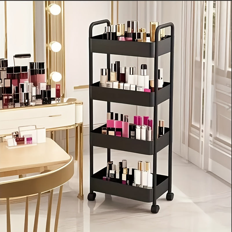 Four-Tier Rolling Cosmetics Storage Rack - Made of durable plastic, equipped with 360-degree swivel casters, strong load-bearing capacity - Suitable for bathroom, bedroom, kitchen, and home storage | BLACK - Image 3
