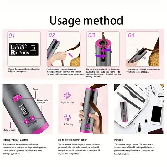 USB LCD Wireless Charging Automatic Portable Hair Curler Smart Home Personal Care Appliance Mini Hair Curling Iron, Stylish Design, Multiple Colors Available - Image 3