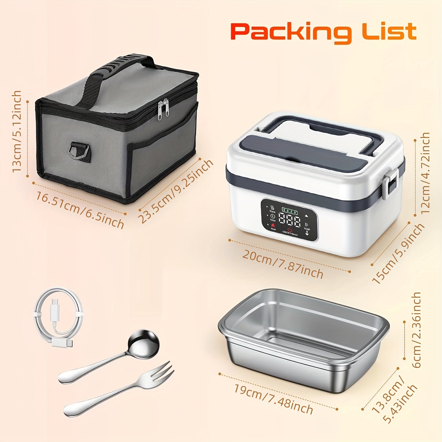 Electric Heating Insulated Lunch Box | 304 Stainless Steel Portable Insulated Storage Container, Suitable for Office, Camping, Picnics | Compact Insulated Food Container with Charging Function, No Water Needed(white) - Image 3