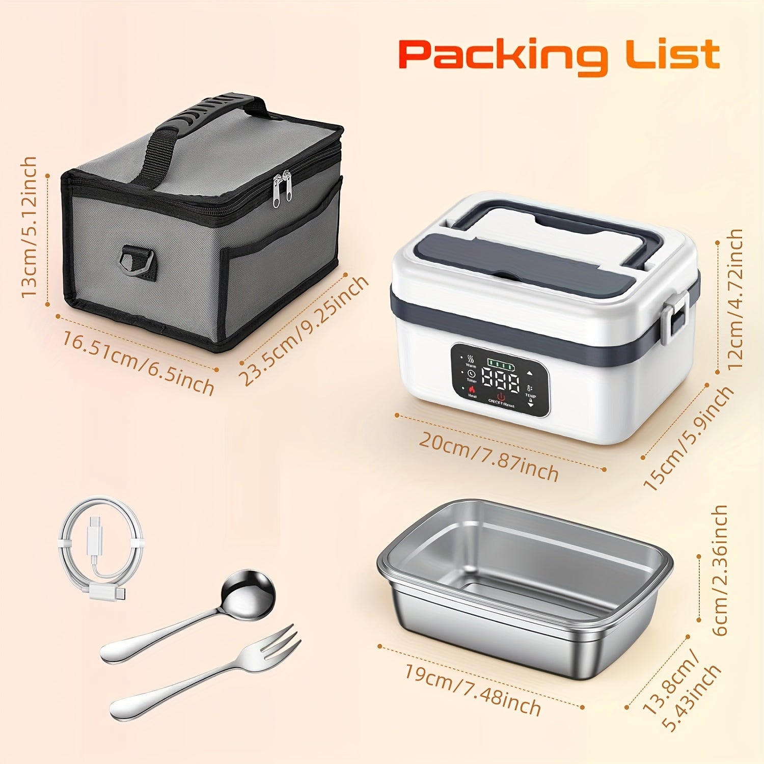 Electric Heating Insulated Lunch Box | 304 Stainless Steel Portable Insulated Storage Container, Suitable for Office, Camping, Picnics | Compact Insulated Food Container with Charging Function, No Water Needed(white) - Image 3