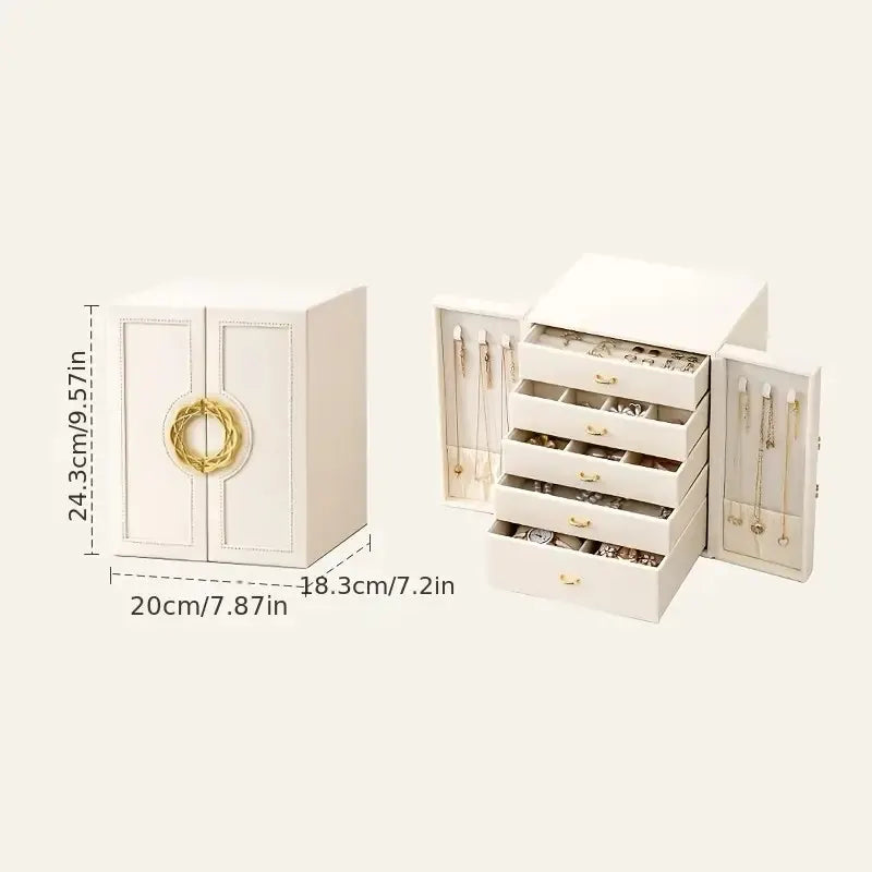 White   1 Large Faux Leather Jewelry Storage Box with 5 Drawers and Gold Handles - An elegant rectangular storage space for rings, necklaces, bracelets, earrings, and watches - Features soft fabric lining, side door design, textured surface finish - Luxur - Image 4