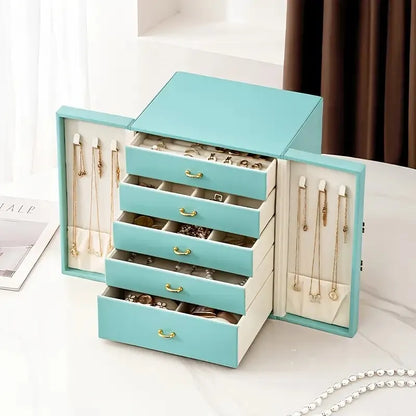 White   1 Large Faux Leather Jewelry Storage Box with 5 Drawers and Gold Handles - An elegant rectangular storage space for rings, necklaces, bracelets, earrings, and watches - Features soft fabric lining, side door design, textured surface finish - Luxur - Image 5