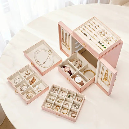 White   1 Large Faux Leather Jewelry Storage Box with 5 Drawers and Gold Handles - An elegant rectangular storage space for rings, necklaces, bracelets, earrings, and watches - Features soft fabric lining, side door design, textured surface finish - Luxur - Image 8