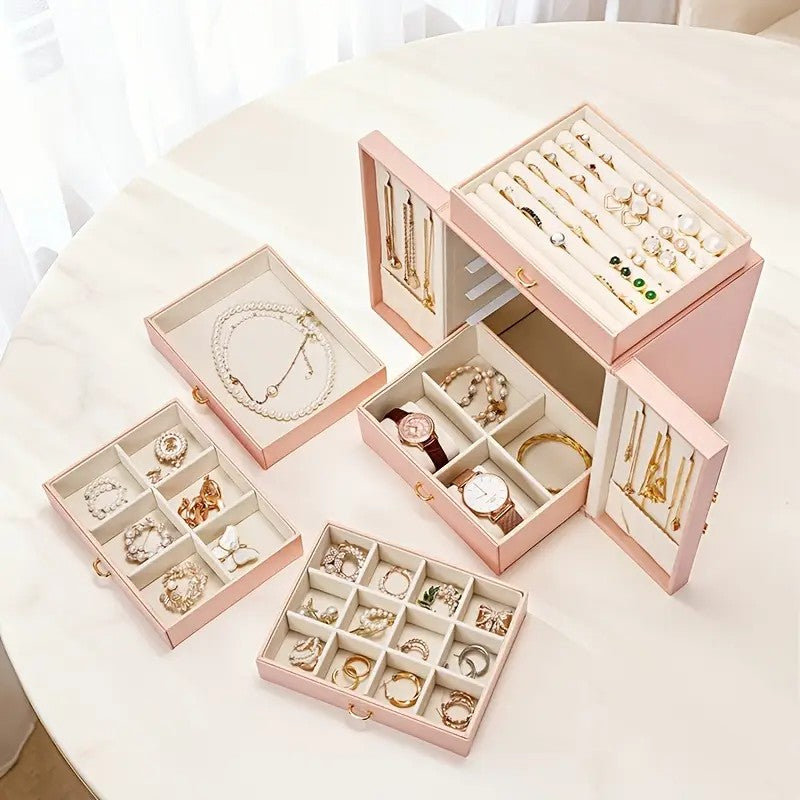 Pink  1 Large Faux Leather Jewelry Storage Box with 5 Drawers and Gold Handles - An elegant rectangular storage space for rings, necklaces, bracelets, earrings, and watches - Features soft fabric lining, side door design, textured surface finish - Luxury  - Image 2