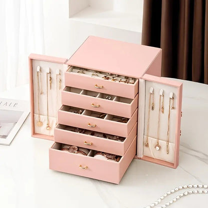 Pink  1 Large Faux Leather Jewelry Storage Box with 5 Drawers and Gold Handles - An elegant rectangular storage space for rings, necklaces, bracelets, earrings, and watches - Features soft fabric lining, side door design, textured surface finish - Luxury  - Image 3