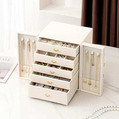 Pink  1 Large Faux Leather Jewelry Storage Box with 5 Drawers and Gold Handles - An elegant rectangular storage space for rings, necklaces, bracelets, earrings, and watches - Features soft fabric lining, side door design, textured surface finish - Luxury  - Image 6