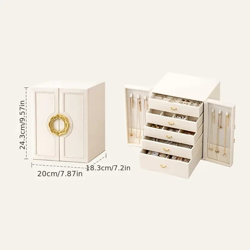 Pink  1 Large Faux Leather Jewelry Storage Box with 5 Drawers and Gold Handles - An elegant rectangular storage space for rings, necklaces, bracelets, earrings, and watches - Features soft fabric lining, side door design, textured surface finish - Luxury  - Image 7
