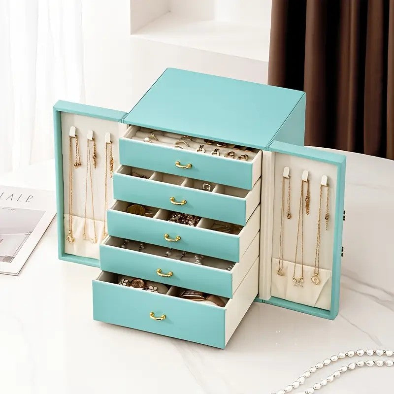 Pink  1 Large Faux Leather Jewelry Storage Box with 5 Drawers and Gold Handles - An elegant rectangular storage space for rings, necklaces, bracelets, earrings, and watches - Features soft fabric lining, side door design, textured surface finish - Luxury  - Image 9