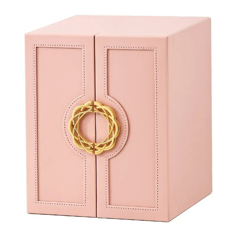 Blue  1 Large Faux Leather Jewelry Storage Box with 5 Drawers and Gold Handles - An elegant rectangular storage space for rings, necklaces, bracelets, earrings, and watches - Features soft fabric lining, side door design, textured surface finish - Luxury  - Image 4