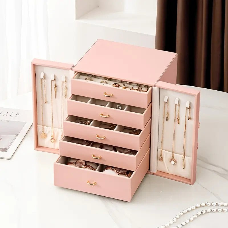 Blue  1 Large Faux Leather Jewelry Storage Box with 5 Drawers and Gold Handles - An elegant rectangular storage space for rings, necklaces, bracelets, earrings, and watches - Features soft fabric lining, side door design, textured surface finish - Luxury  - Image 6