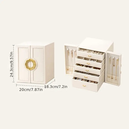 Blue  1 Large Faux Leather Jewelry Storage Box with 5 Drawers and Gold Handles - An elegant rectangular storage space for rings, necklaces, bracelets, earrings, and watches - Features soft fabric lining, side door design, textured surface finish - Luxury  - Image 7