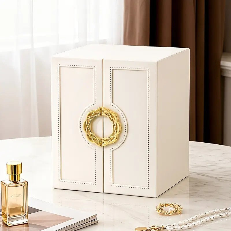 Blue  1 Large Faux Leather Jewelry Storage Box with 5 Drawers and Gold Handles - An elegant rectangular storage space for rings, necklaces, bracelets, earrings, and watches - Features soft fabric lining, side door design, textured surface finish - Luxury  - Image 8