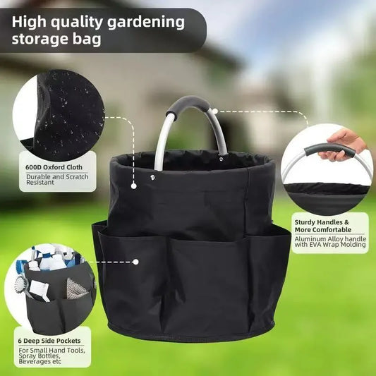 Premium Black Gardening Storage Bag made of durable 600D Oxford cloth, features 6 deep side pockets for small hand tools, spray bottles, beverages, and more. Equipped with an aluminum alloy handle wrapped in EVA molding for enhanced comfort and longevity. - Image 2
