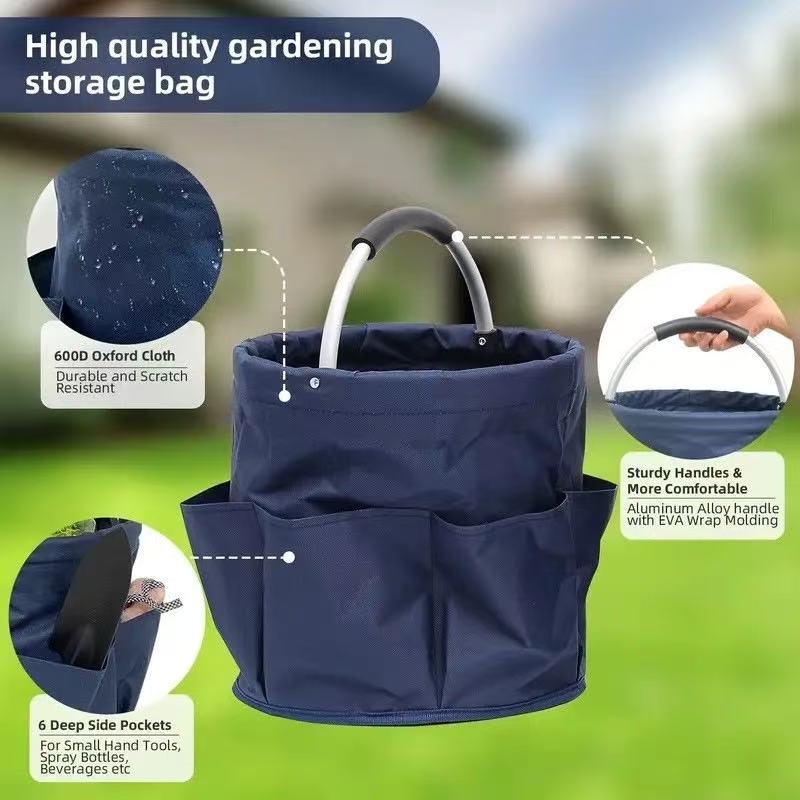 Premium Black Gardening Storage Bag made of durable 600D Oxford cloth, features 6 deep side pockets for small hand tools, spray bottles, beverages, and more. Equipped with an aluminum alloy handle wrapped in EVA molding for enhanced comfort and longevity. - Image 3