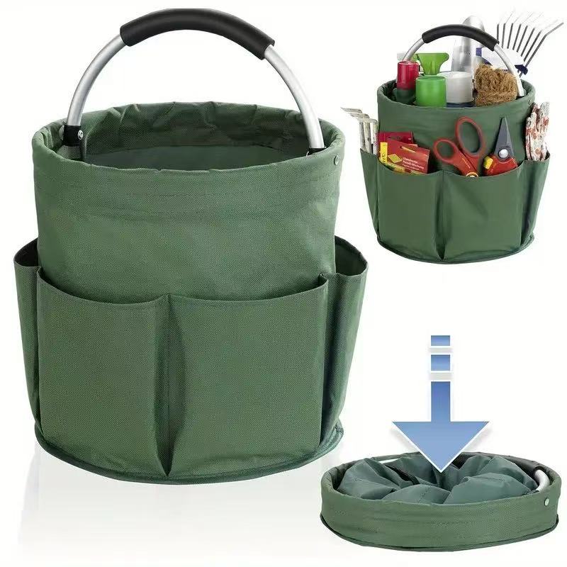 Premium Black Gardening Storage Bag made of durable 600D Oxford cloth, features 6 deep side pockets for small hand tools, spray bottles, beverages, and more. Equipped with an aluminum alloy handle wrapped in EVA molding for enhanced comfort and longevity. - Image 4