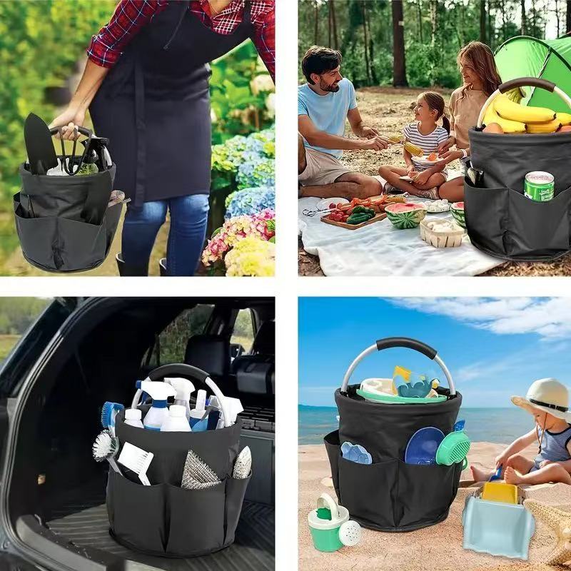 Premium Blue Gardening Storage Bag made of durable 600D Oxford cloth, features 6 deep side pockets for small hand tools, spray bottles, beverages, and more. Equipped with an aluminum alloy handle wrapped in EVA molding for enhanced comfort and longevity. - Image 7