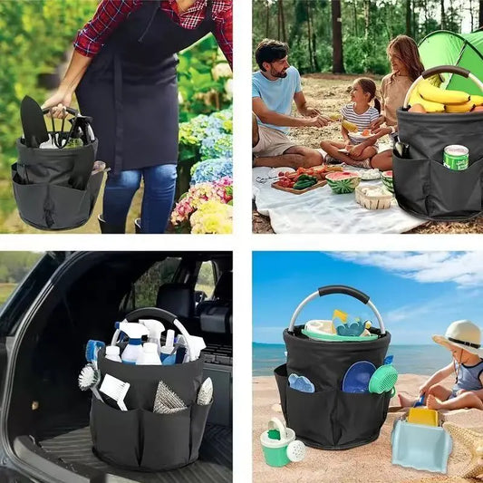 Premium Blue Gardening Storage Bag made of durable 600D Oxford cloth, features 6 deep side pockets for small hand tools, spray bottles, beverages, and more. Equipped with an aluminum alloy handle wrapped in EVA molding for enhanced comfort and longevity. - Image 7