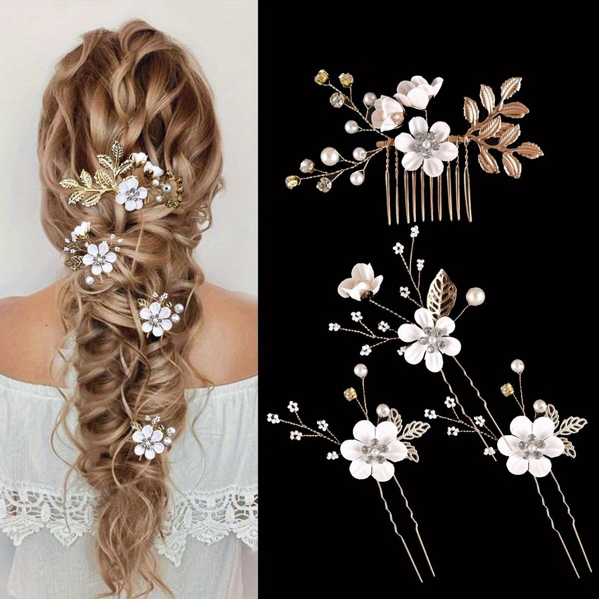 BLUE  4-Piece Elegant Light Luxury Pearl Flower Hair Accessories Set, Bridal Wedding Hairpin and Hairpin Headdress Set, Bridesmaid Gift Banquet Ornament Set for Women's Hairpin - Image 5