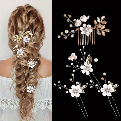 BLUE  4-Piece Elegant Light Luxury Pearl Flower Hair Accessories Set, Bridal Wedding Hairpin and Hairpin Headdress Set, Bridesmaid Gift Banquet Ornament Set for Women's Hairpin - Image 5