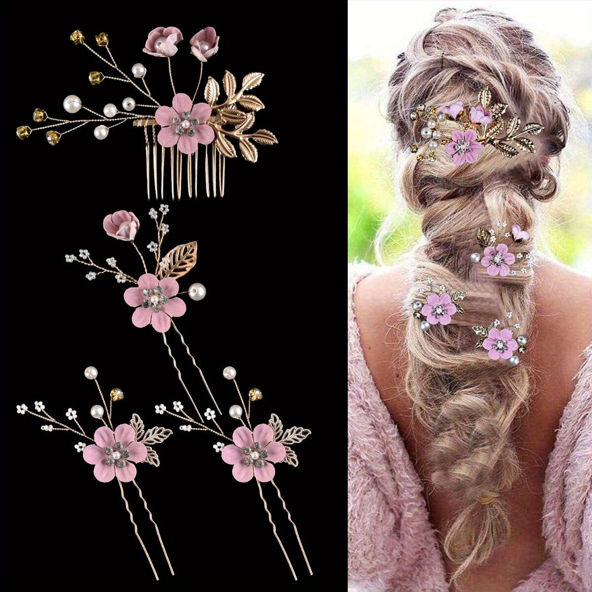 BLUE  4-Piece Elegant Light Luxury Pearl Flower Hair Accessories Set, Bridal Wedding Hairpin and Hairpin Headdress Set, Bridesmaid Gift Banquet Ornament Set for Women's Hairpin - Image 7