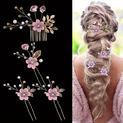 BLUE  4-Piece Elegant Light Luxury Pearl Flower Hair Accessories Set, Bridal Wedding Hairpin and Hairpin Headdress Set, Bridesmaid Gift Banquet Ornament Set for Women's Hairpin - Image 7