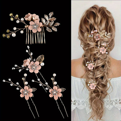 WHITE 4-Piece Elegant Light Luxury Pearl Flower Hair Accessories Set, Bridal Wedding Hairpin and Hairpin Headdress Set, Bridesmaid Gift Banquet Ornament Set for Women's Hairpin - Image 6