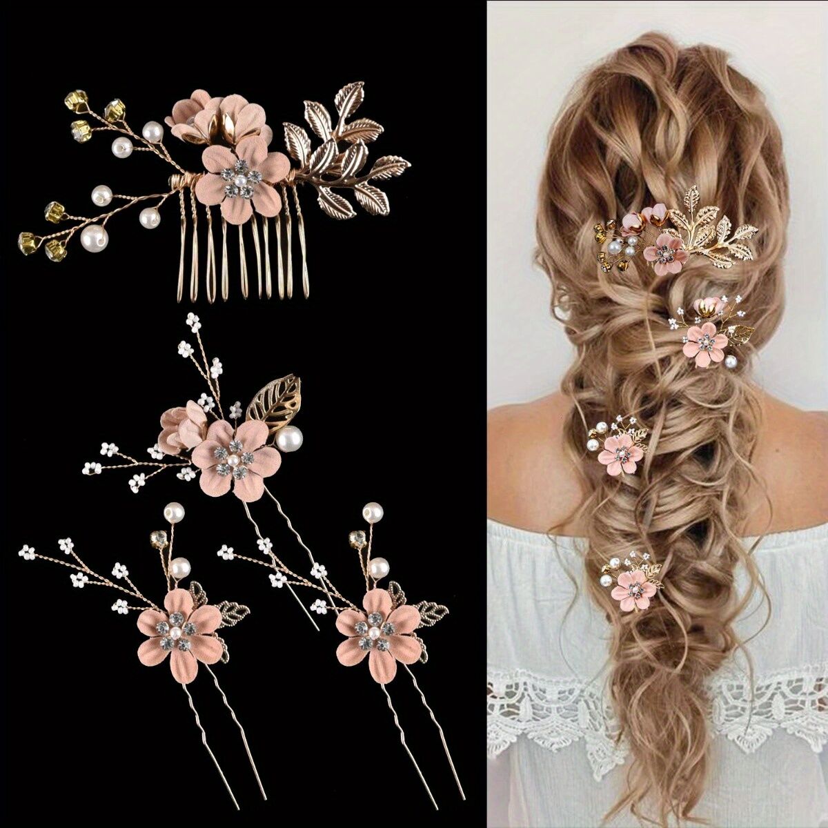 Purple 4-Piece Elegant Light Luxury Pearl Flower Hair Accessories Set, Bridal Wedding Hairpin and Hairpin Headdress Set, Bridesmaid Gift Banquet Ornament Set for Women's Hairpin - Image 7