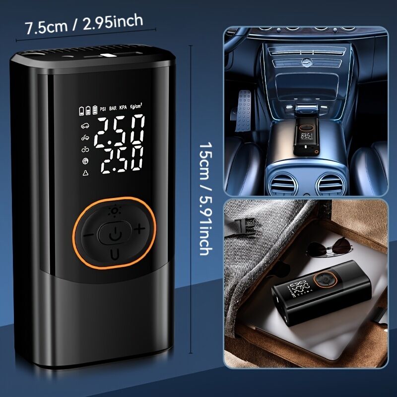 Portable air compressor for tires with digital pressure gauge, 150PSI rechargeable battery, LED light, wireless bicycle tire pump for cars, motorcycles, bicycles, etc., black - Image 2