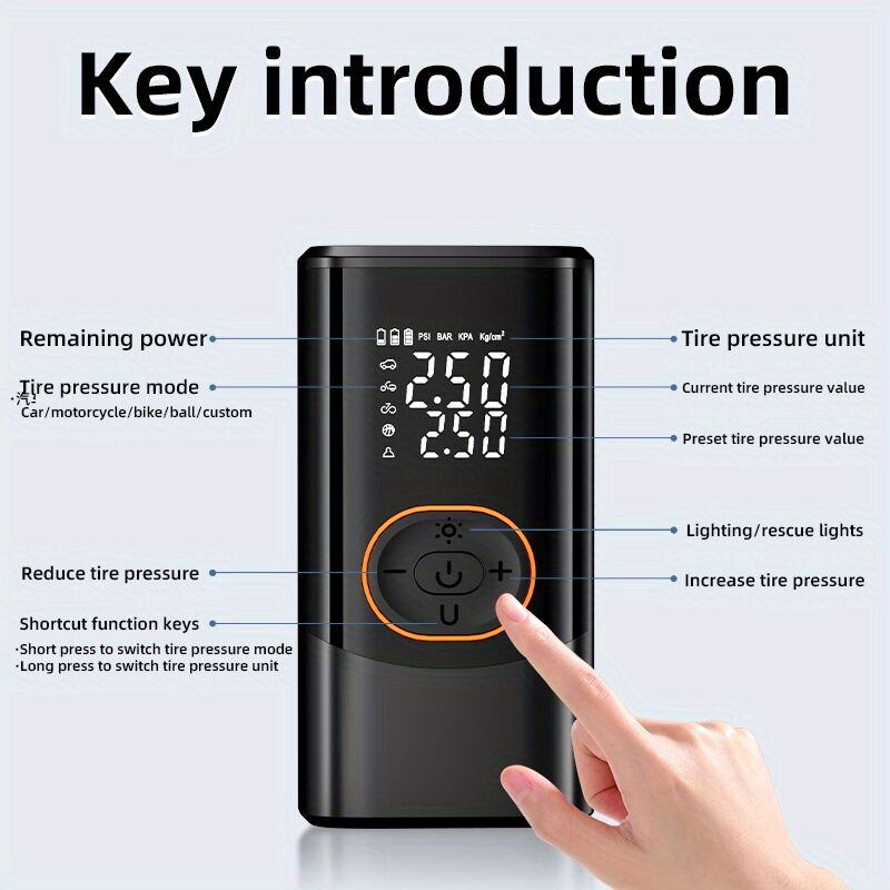 Portable air compressor for tires with digital pressure gauge, 150PSI rechargeable battery, LED light, wireless bicycle tire pump for cars, motorcycles, bicycles, etc., black - Image 6
